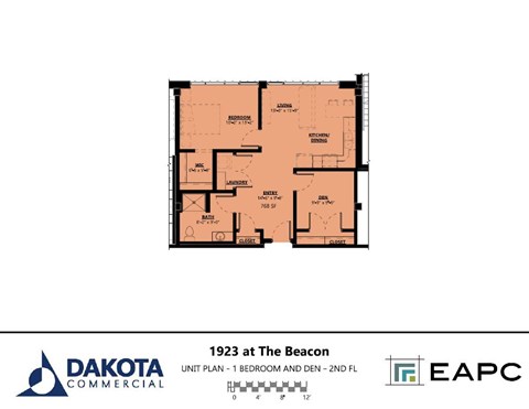 Floor plan for 1 bed, 1 bath, 768 sqft